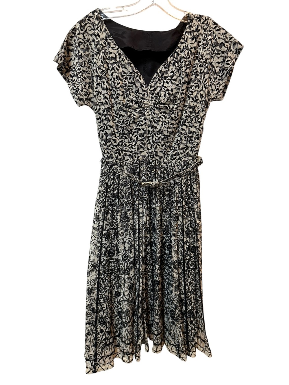 Vintage 1950s Black & Cream Printed Short Sleeve Midi Dress Whimsigoth